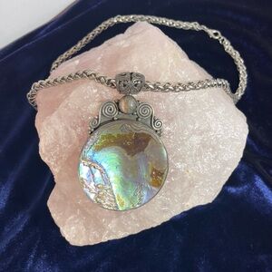 Sterling Silver Abalone Pendant Necklace Ocean Jasper 925 Byzantine Chain